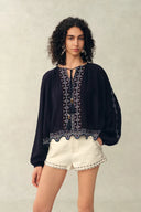 Blair Boho Embroidered  Sheer Lace Puff Sleeve Blouse in Crinkled Georgette