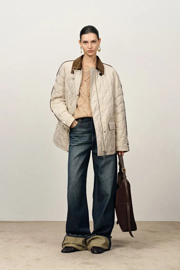 Isla Contrast Collar Quilted Down Jacket in Water-Resistant Cotton