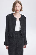 Violette handgefertigte Fransenjacke aus Lammwoll-Lurex-Tweed