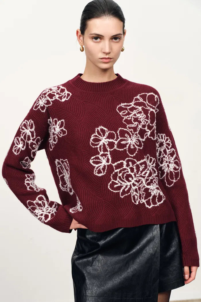 Poppy Flora Embroidery Sweater in Merino Wool Knit