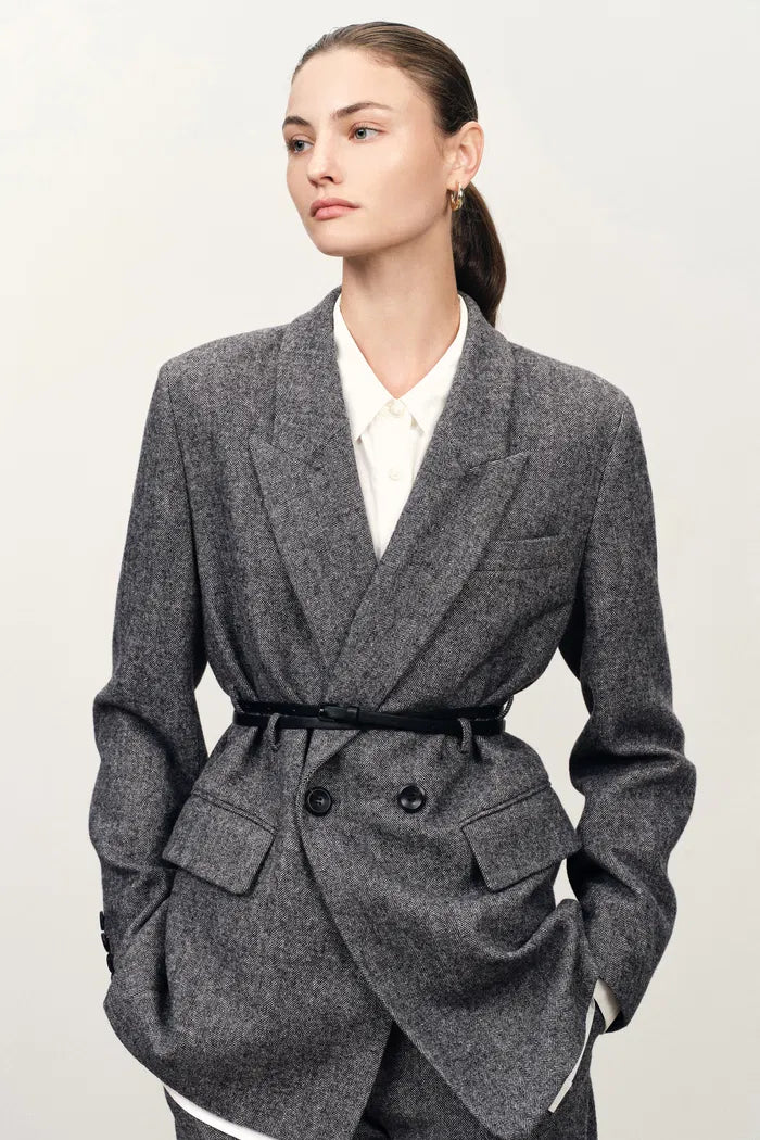 Charlie Deconstructed Asymmetric Double Belted Blazer in Merino Wool