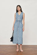June Faded Polka-Dot Drawstring Waist Sleeveless Dress in Lightweight Cotton Denim XS