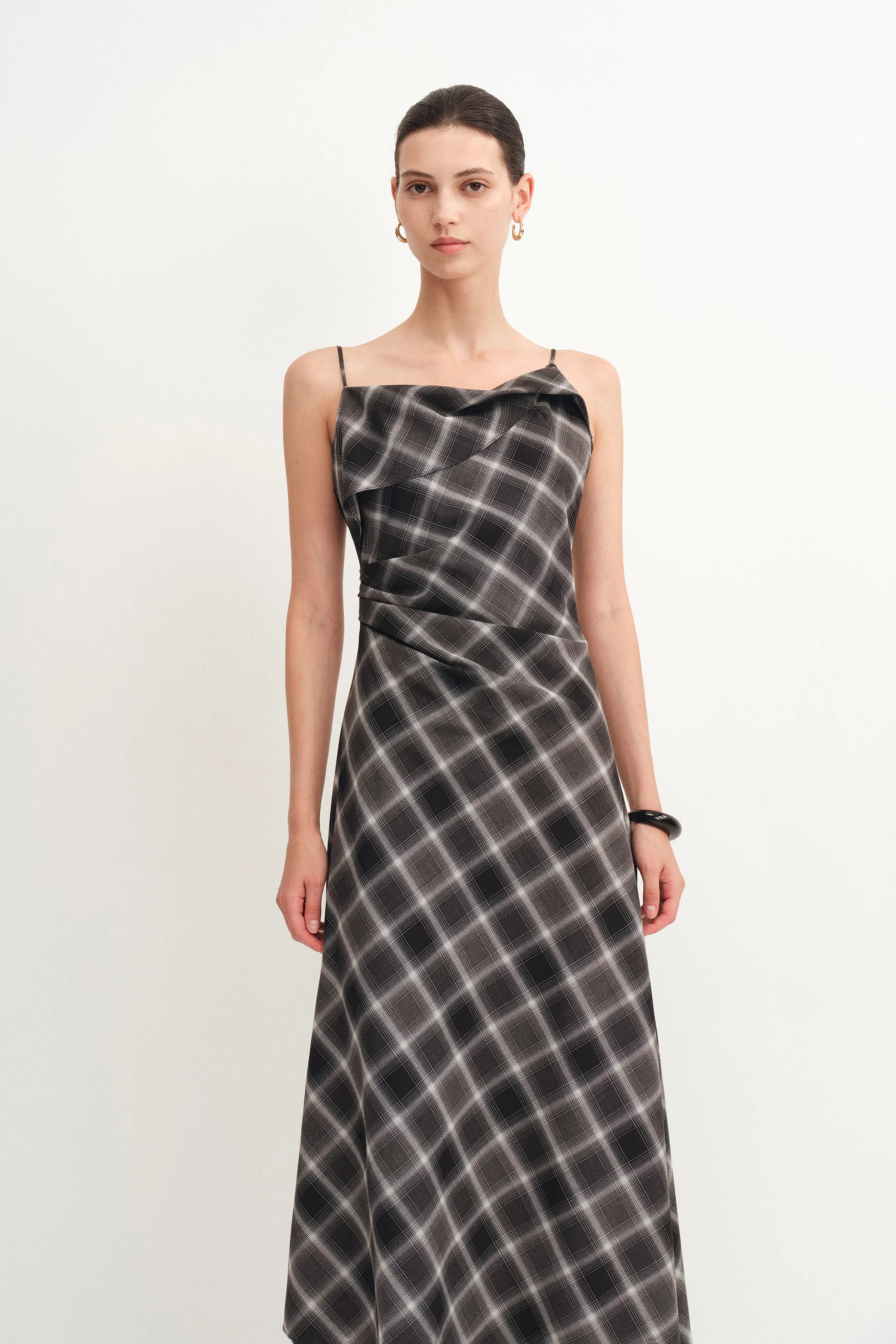 Anna Slanted Checkered Strap Dress in Fine Wool Blend XS