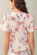 Coco Handpainted Floral Puff Sleeve Cinched Dress in Crinkle Gauze