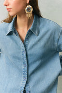 Vinetta Embroidered Shirt in Cotton-Linen Denim