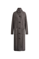 Grey cable knit knee length cardigan with sailor collar, horn buttons, and patch pockets