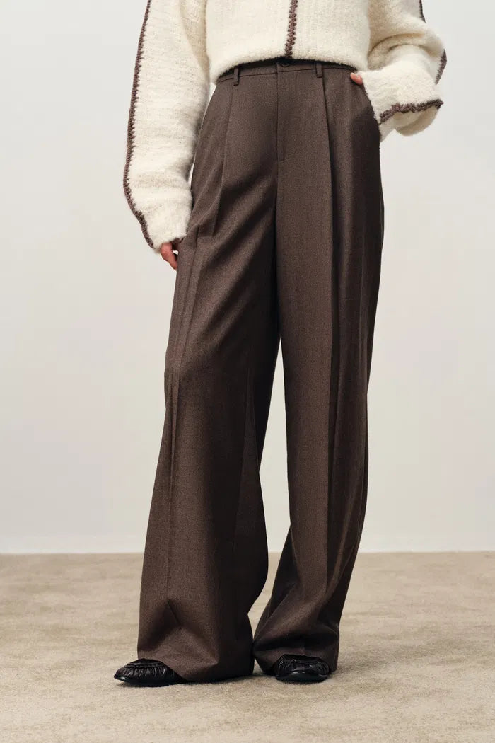 Sofia Tan Grey Straight Suit Pants in Merino Wool Suiting
