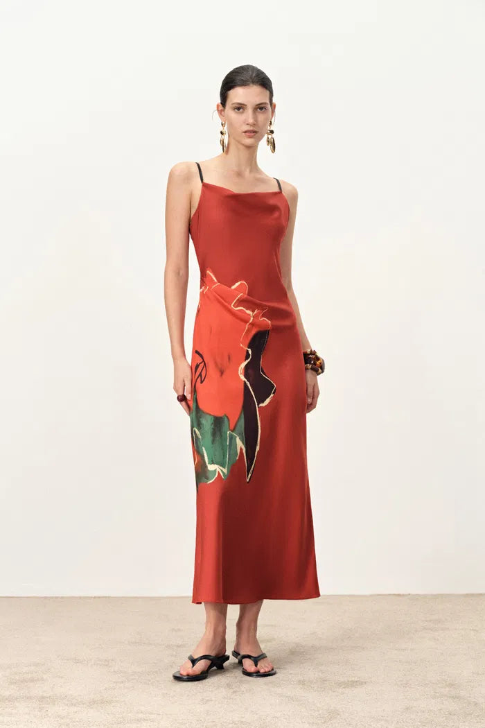 Nellie Hand Painted Printed Slip Dress in Silk Satin