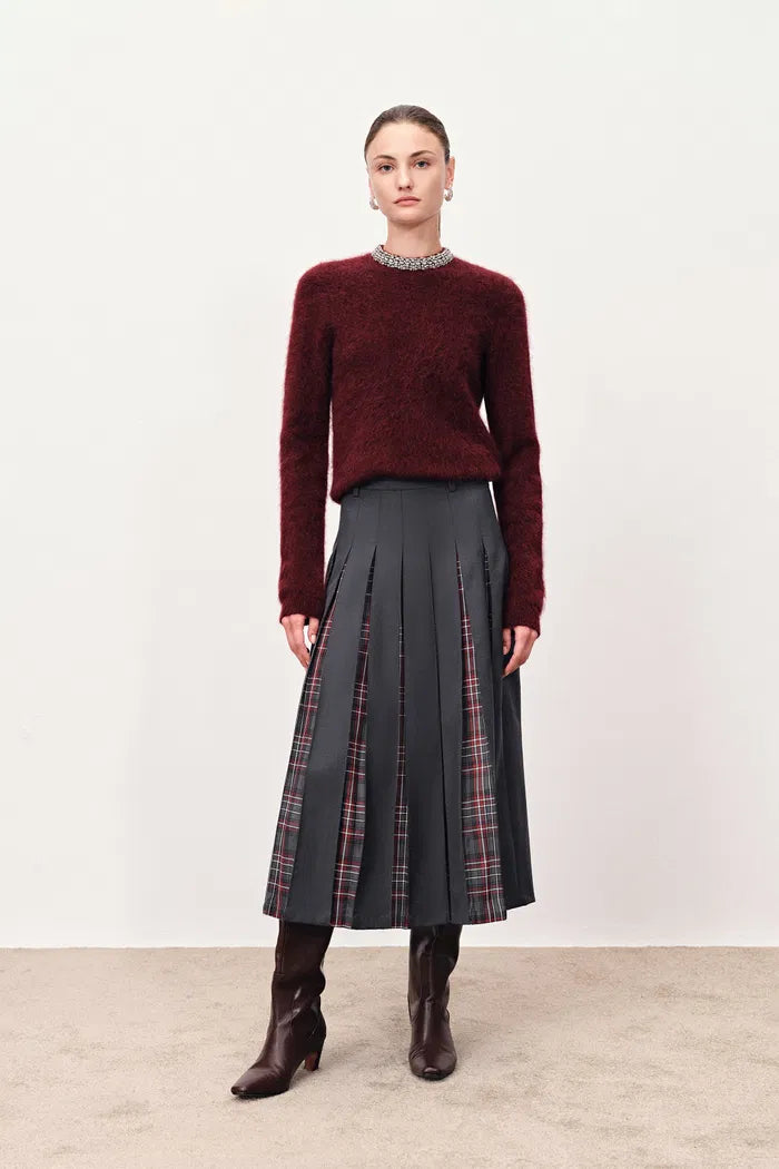 Henrie Pleated Check Maxi Skirt in Fine Wool Blend