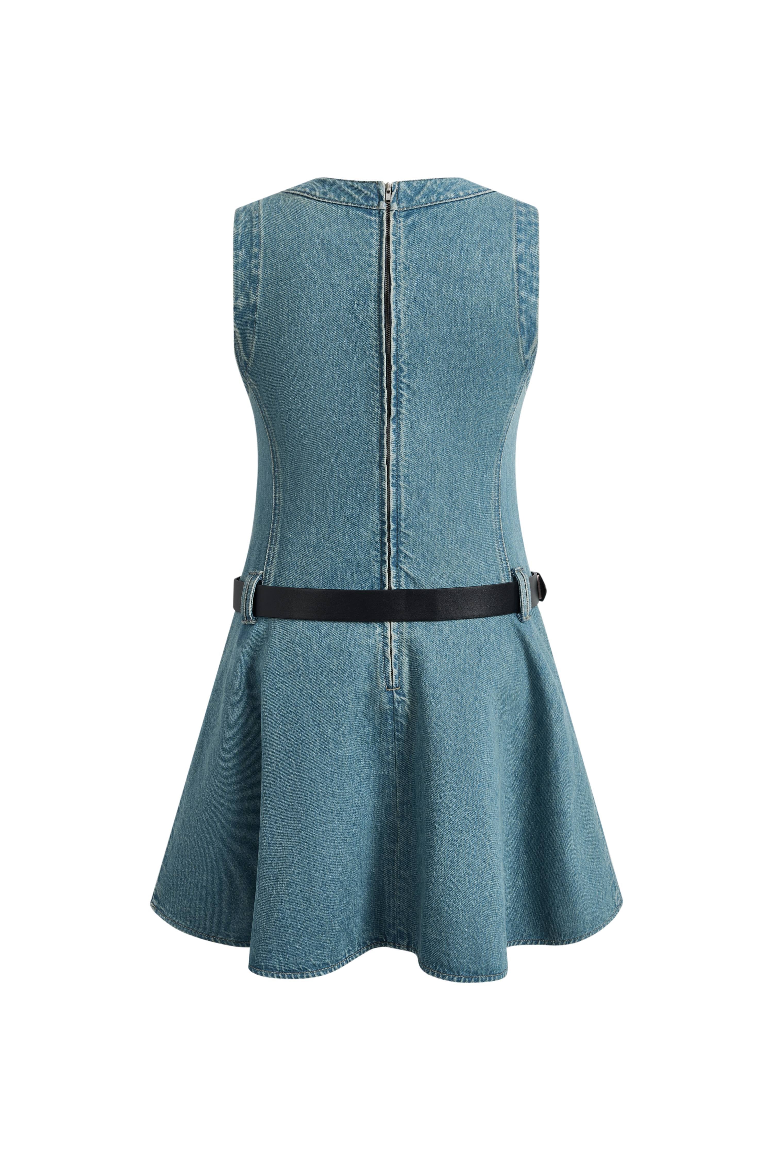 Lisa Lower Waist Belted Sleeveless Dress in Washed Cotton Denim XS