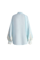 Paz Blue Embroidered Top in Silk-Linen Blend