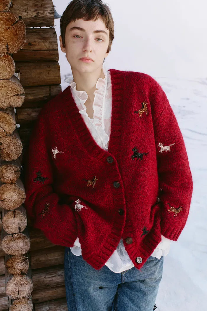 Erica V Neck Beaded Pony Cardigan in Wool Mohair Blend Knit – fbrq.com