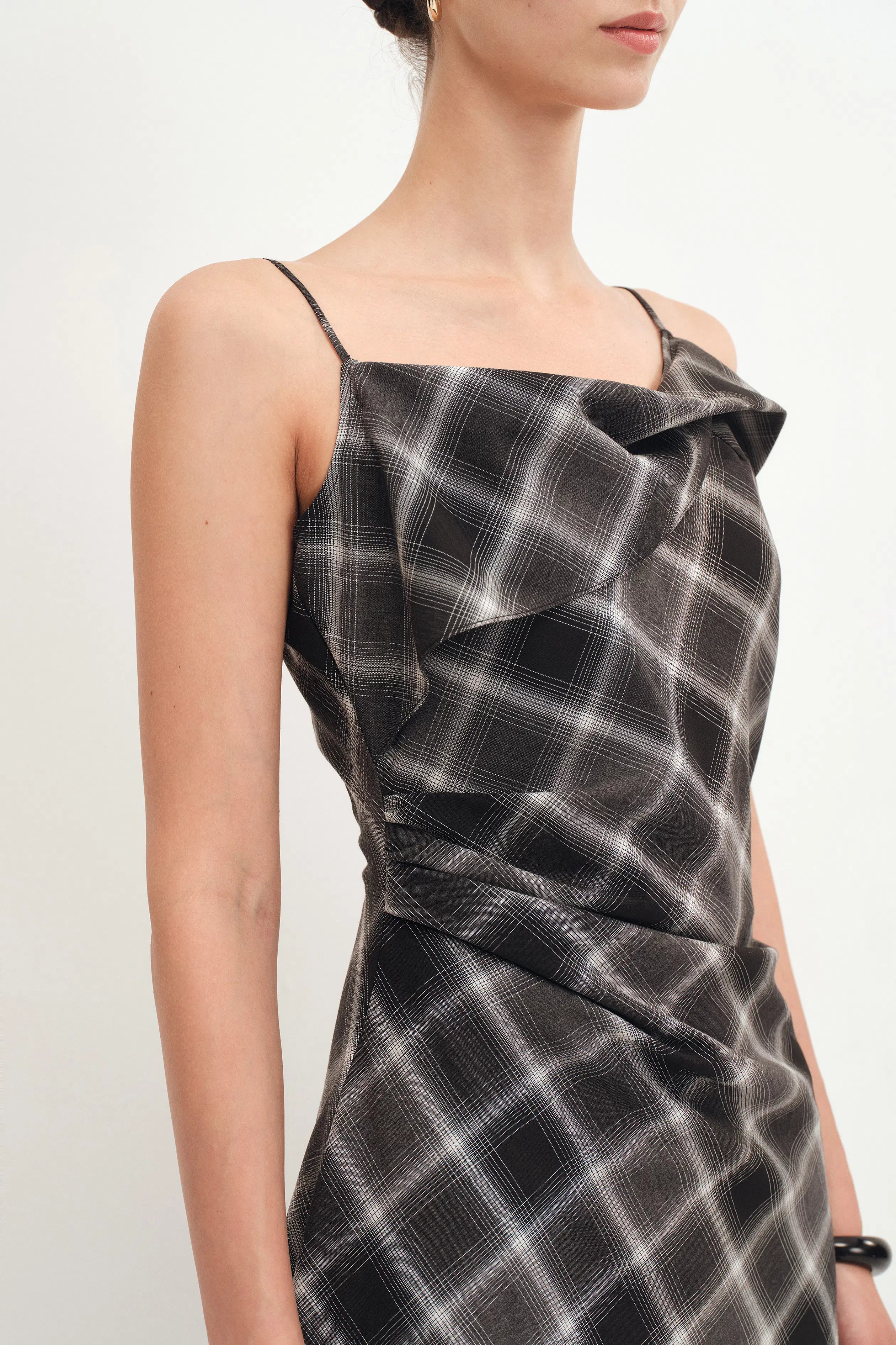Anna Slanted Checkered Strap Dress in Fine Wool Blend XS