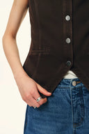 Elodie Fitted Round Neck Sleeveless Vest Top in Thin Denim