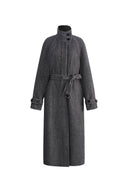Edwina Grey Long Herringbone Coat in Lightweight Merino Wool