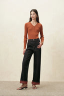 Women's straight leg jeans with plaid cuff lining and contrast topstitching styled with a ribbed sweater