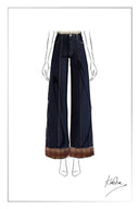 Fashion illustration of dark denim straight leg jeans with plaid fold up hems and contrast stitching