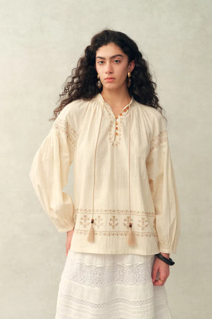 Bailey Smocked Embroidered Shirt in Crepe Cotton