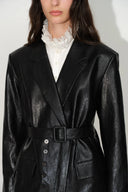 Black belted vegan leather blazer with sharp shoulders and patch pockets