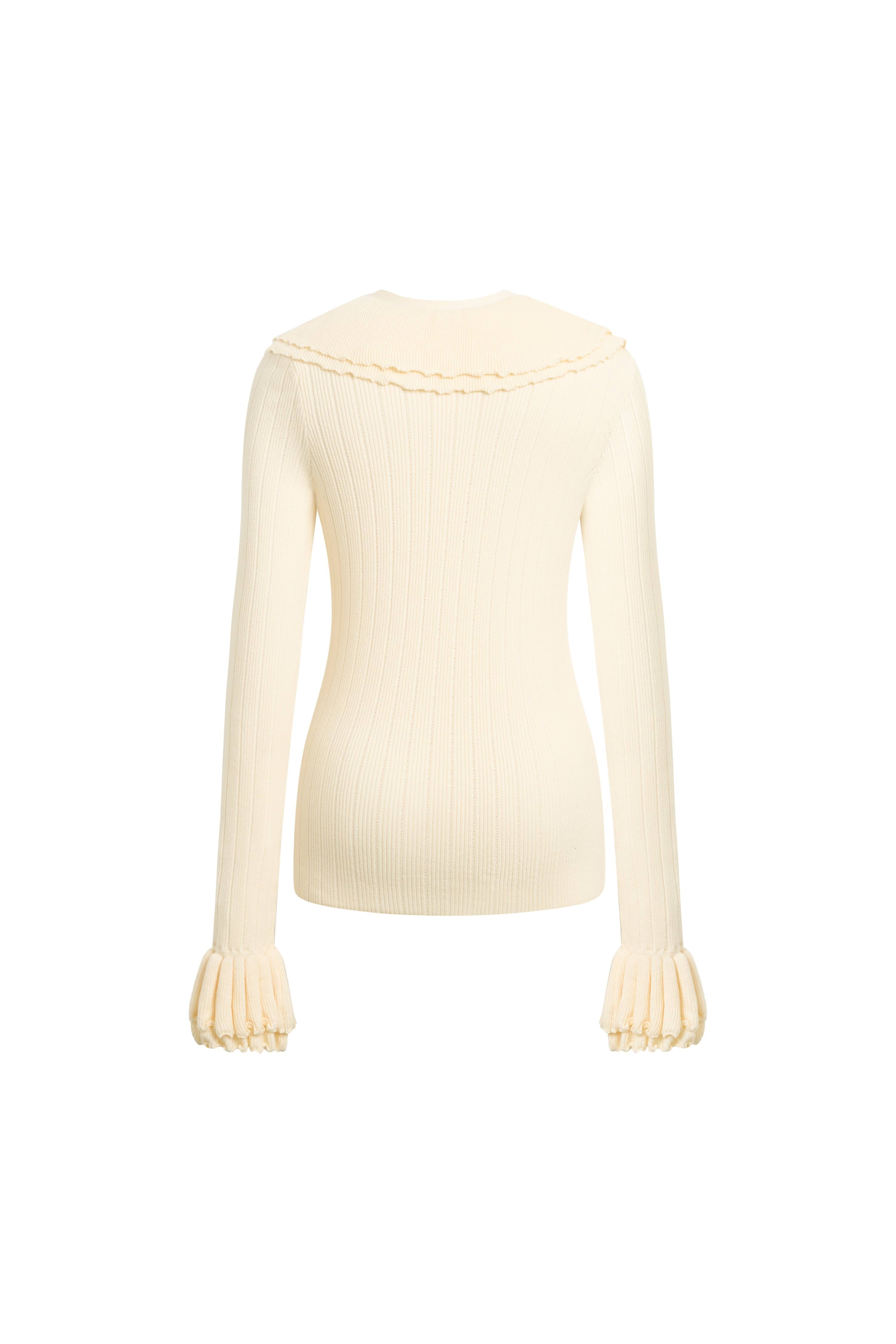 Camille Hand Crochet Ruffle Trim Knit Top – fbrq.com