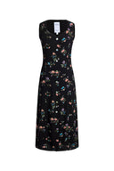 Caro Stitched Floral Scalloped Trim V Neck Cinched Sleeveless Dress in Crinkle Gauze