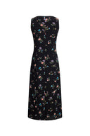 Caro Stitched Floral Scalloped Trim V Neck Cinched Sleeveless Dress in Crinkle Gauze