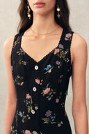 Caro Stitched Floral Scalloped Trim V Neck Cinched Sleeveless Dress in Crinkle Gauze