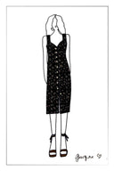Caro Stitched Floral Scalloped Trim V Neck Cinched Sleeveless Dress in Crinkle Gauze