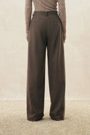 Mocha wool blend straight leg pants with knee seam detailing and back welt pockets