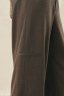 Mocha wool blend straight leg pants with knee seam and welt pocket