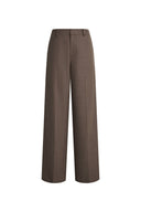 Mocha wool blend straight leg pants with a high waist and knee seam detailing