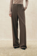 Mocha wool blend straight leg pants with a high waist, knee seam detailing and side pockets