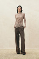 Mocha wool blend slim straight leg pants with knee seam detailing