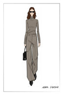 Mocha wool blend straight leg pants with knee seam detailing illustrated on a model