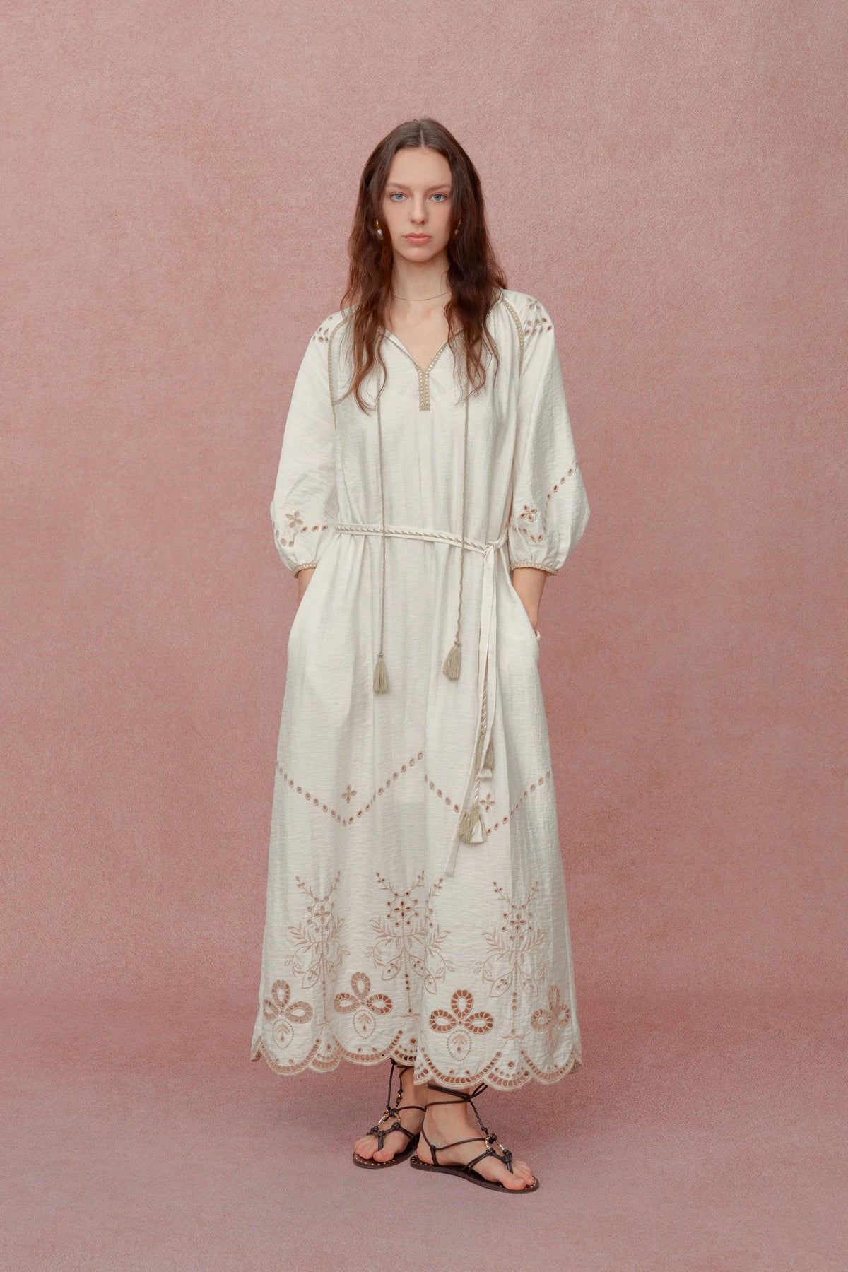 Antonia Artisan Embroidery Dress in Linen Blend – fbrq.com