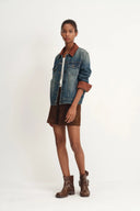 Jennifer Hand Sewn Suede Collar Denim Jacket in Cotton Denim