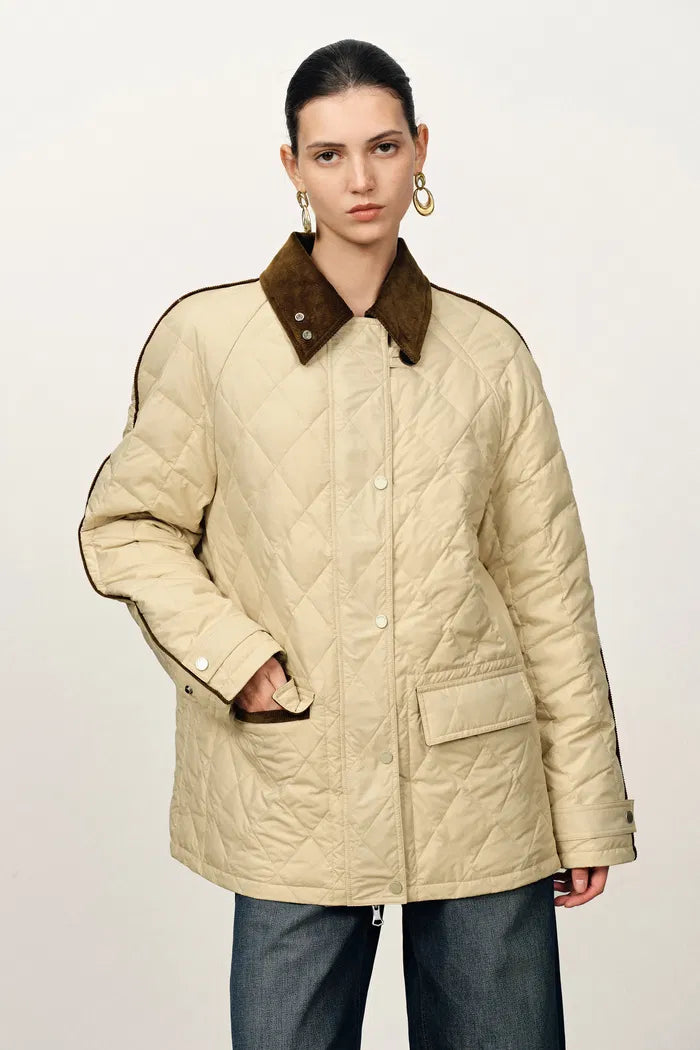 Isla Contrast Collar Quilted Down Jacket in Water-Resistant Cotton