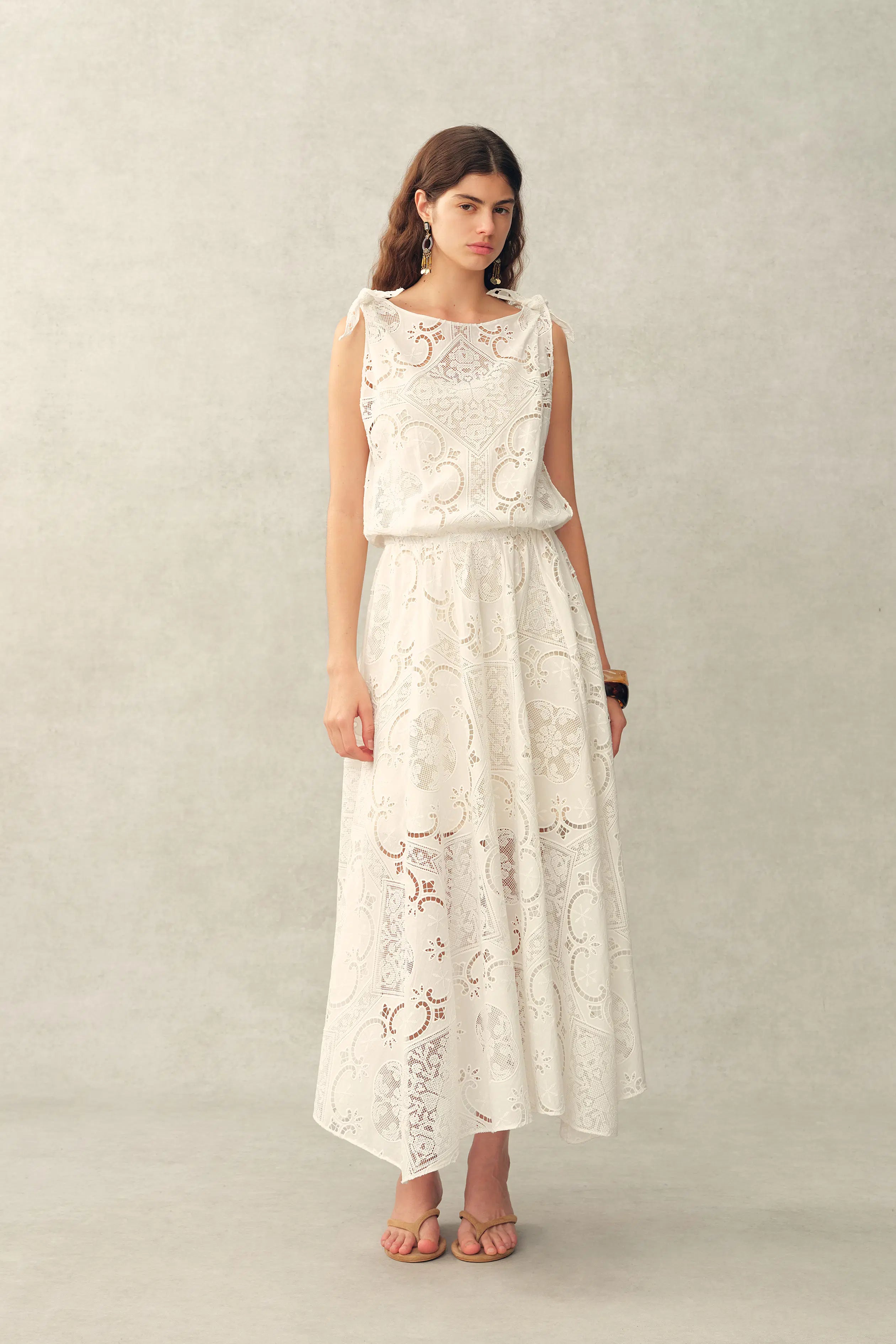 Nellie Cutwork Embroidered Scarf Tie Layered Sleeveless Dress in 100% Cotton with Lace XL