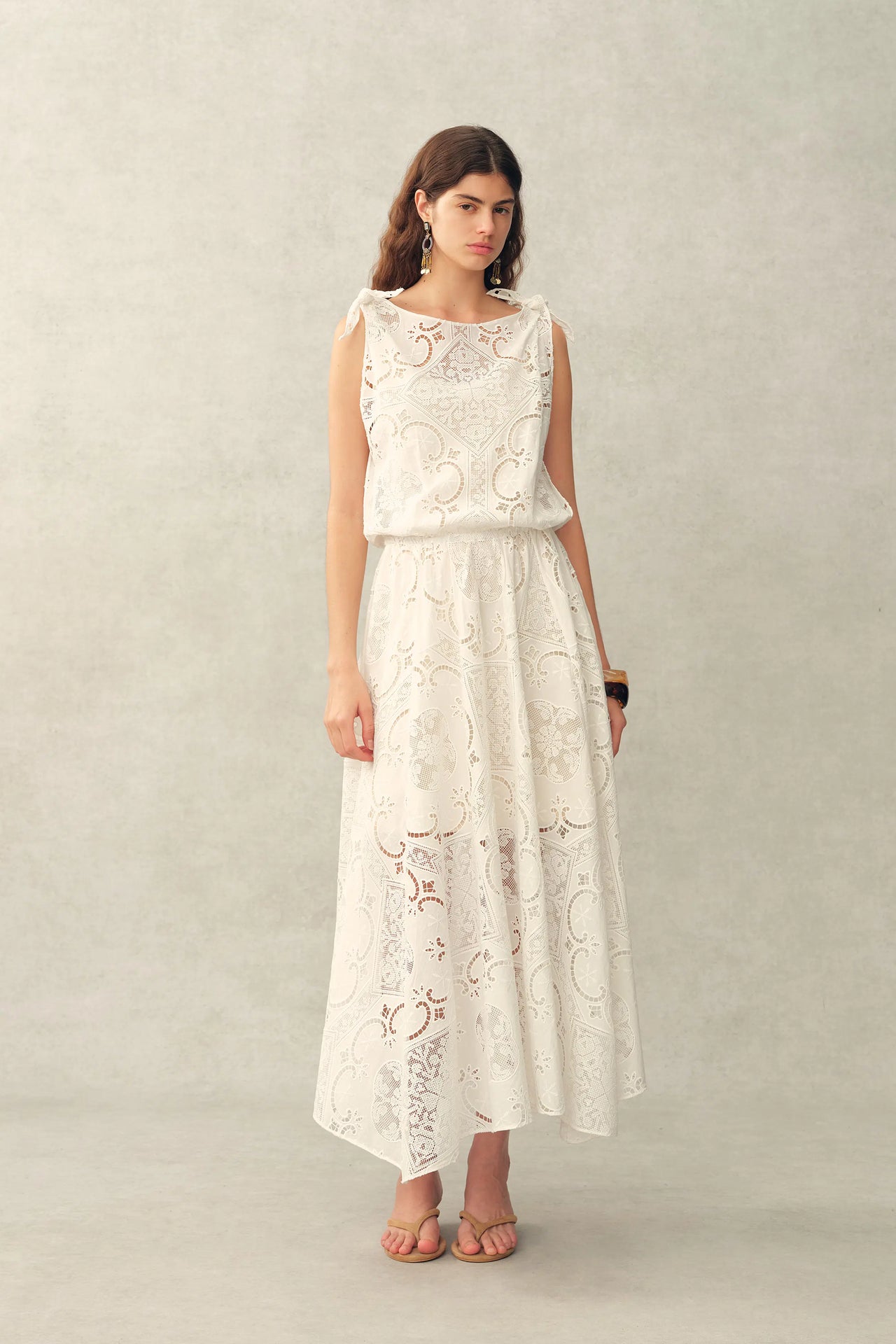 Nellie Cutwork Embroidered Scarf Tie Layered Sleeveless Dress in 100% Cotton with Lace XL