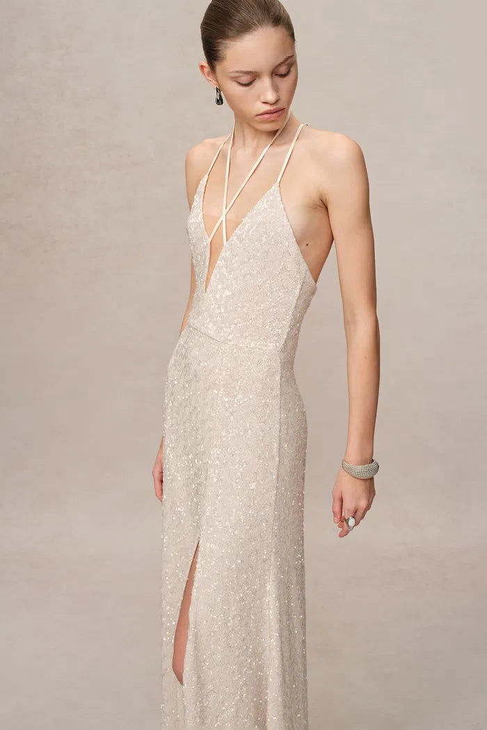 Anita Handcrafted Embellishment Slit Slip Dress in Crystal Sequin Lace L Anita Handcrafted Embellishment Slit Slip Dress in Crystal Sequin Lace L