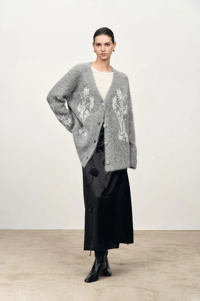 Violet Hand Work Cereus Flora Cardigan in Alpaca Blend Knit