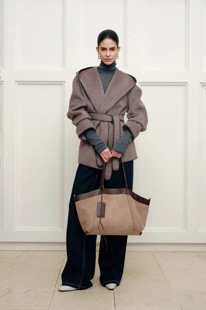 Mila Belted Leather Trimmed Oversized Hooded Pea Coat in Double Face Merino Camel