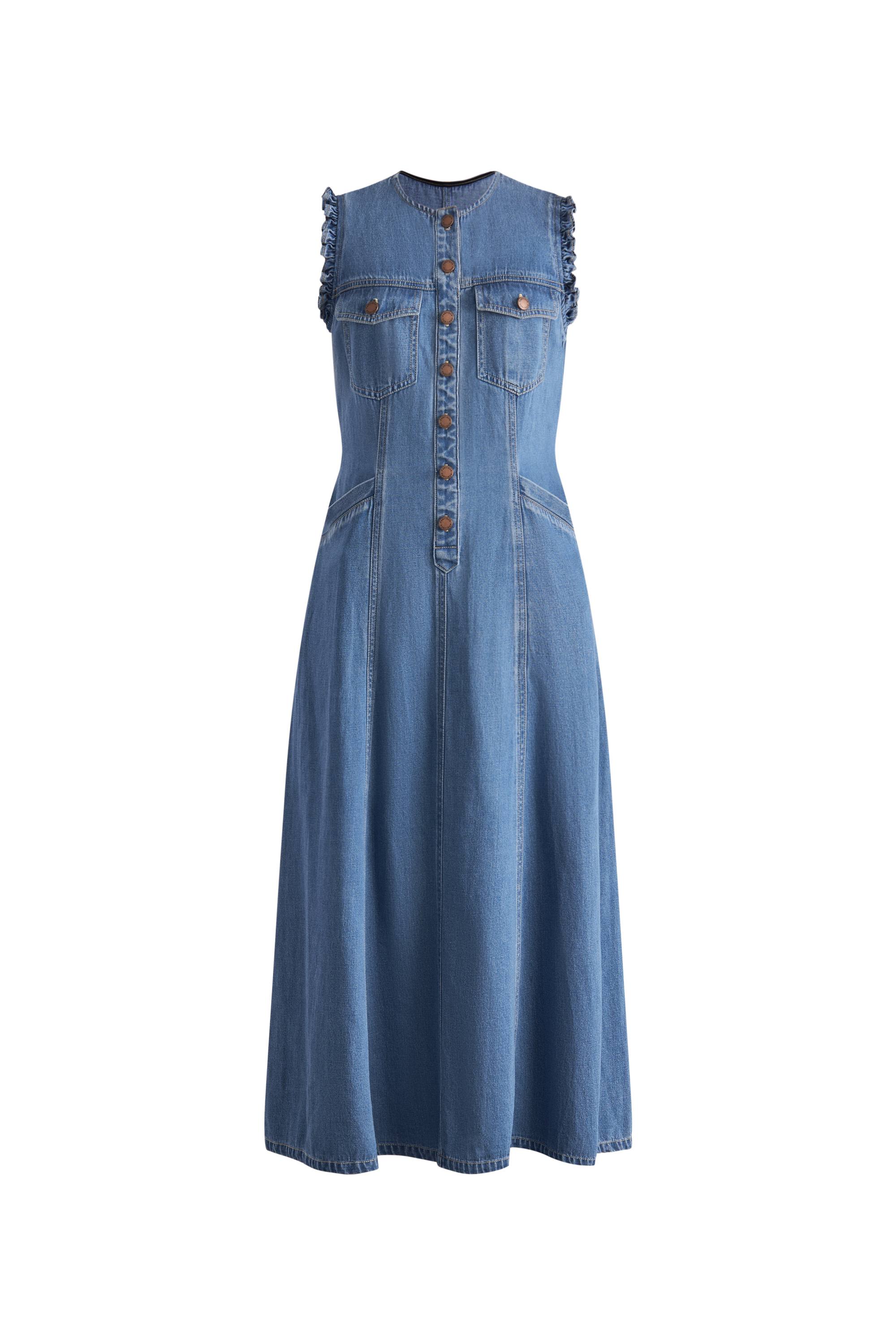 Amelia Scallop Buttoned Cinched Midi Dress in Cotton Linen Denim M