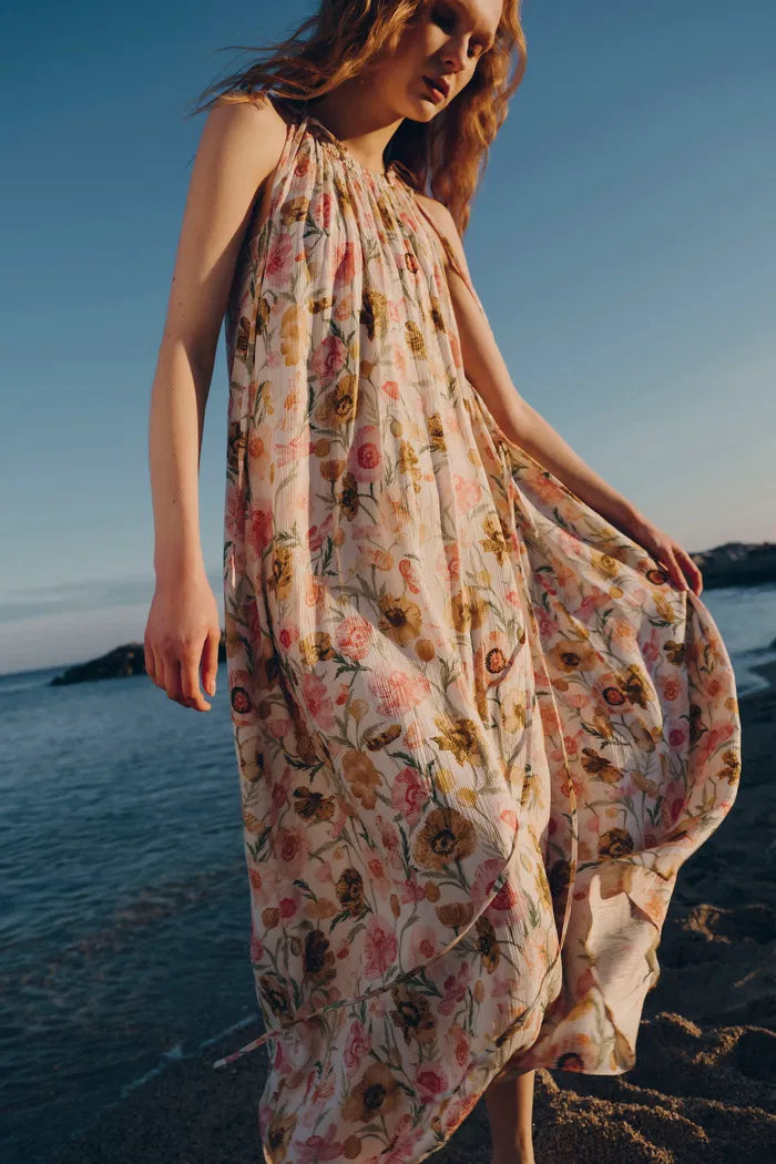 Alice Halter Neck Flora Maxi Dress in Pleated Silk Blend
