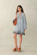Bohdi Boho Embroidery Crewneck Puff Sleeve Dress in Cotton Crinkle Gauze