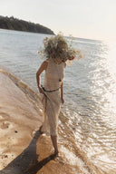 Completo abbinato Beatrice: top e gonna traforati con fiori 3D in maglia di lino