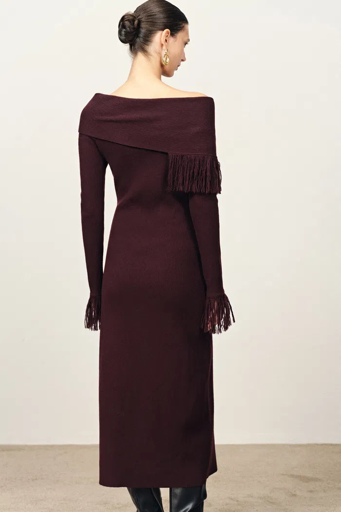 Oona One Shoulder Asymmetric Fringe Dress in Merino Wool with Stretch Knit XS Oona One Shoulder Asymmetric Fringe Dress in Merino Wool with Stretch Knit XS