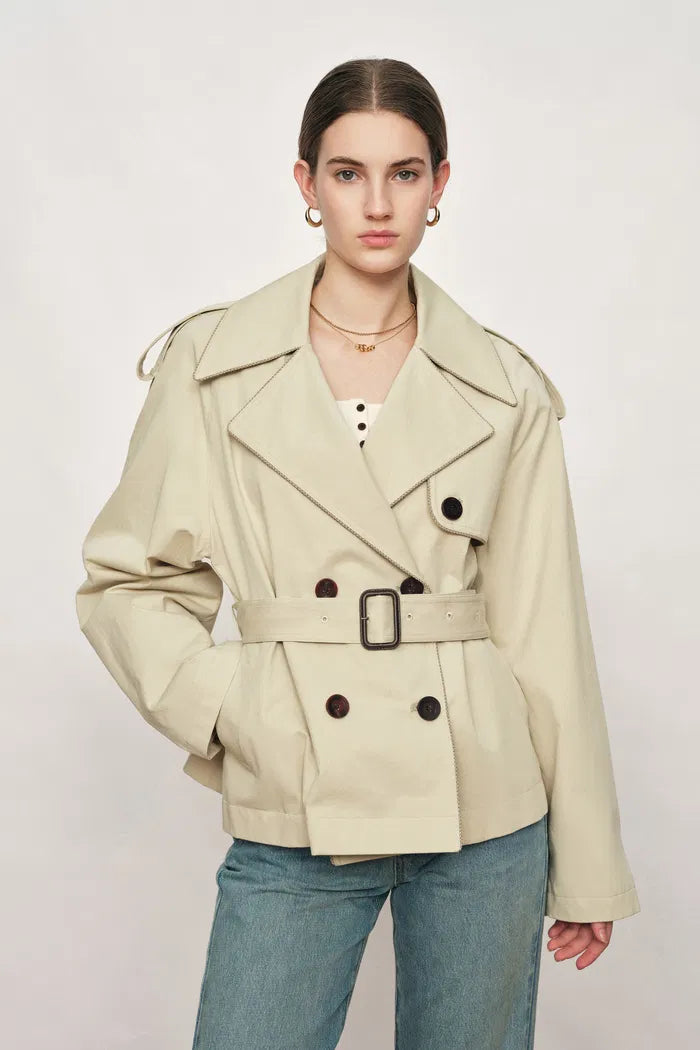 Beatrice Contrast-Trim Short Trench Coat in High-Density Cotton Twill