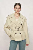Beatrice Contrast-Trim Short Trench Coat in High-Density Cotton Twill