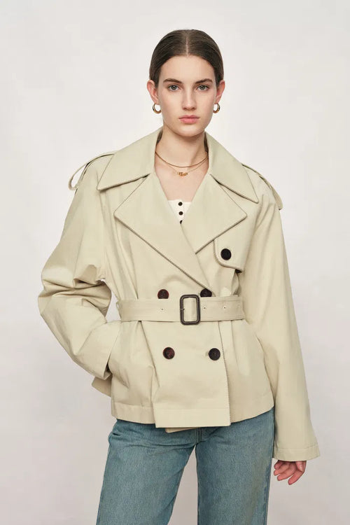 Beatrice Contrast-Trim Short Trench Coat in High-Density Cotton Twill